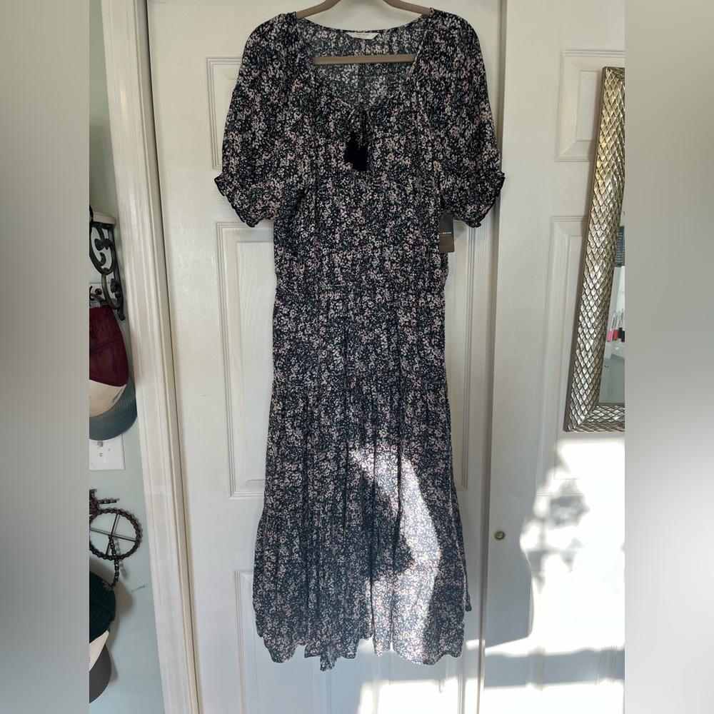 Lucky Brand Black Floral Midi Dress with Pink and Cream Accents